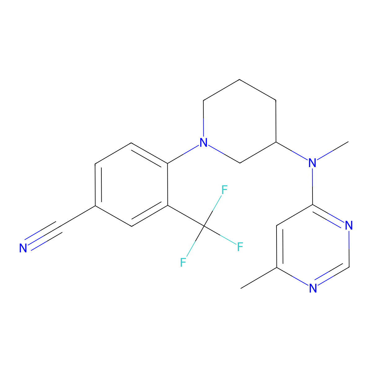 4-{3-[Methyl(6-methylpyrimidin-4-yl)amino]piperidin-1-yl}-3-(trifluoromethyl)benzonitrile molecular structure, CAS 3054593-51-7