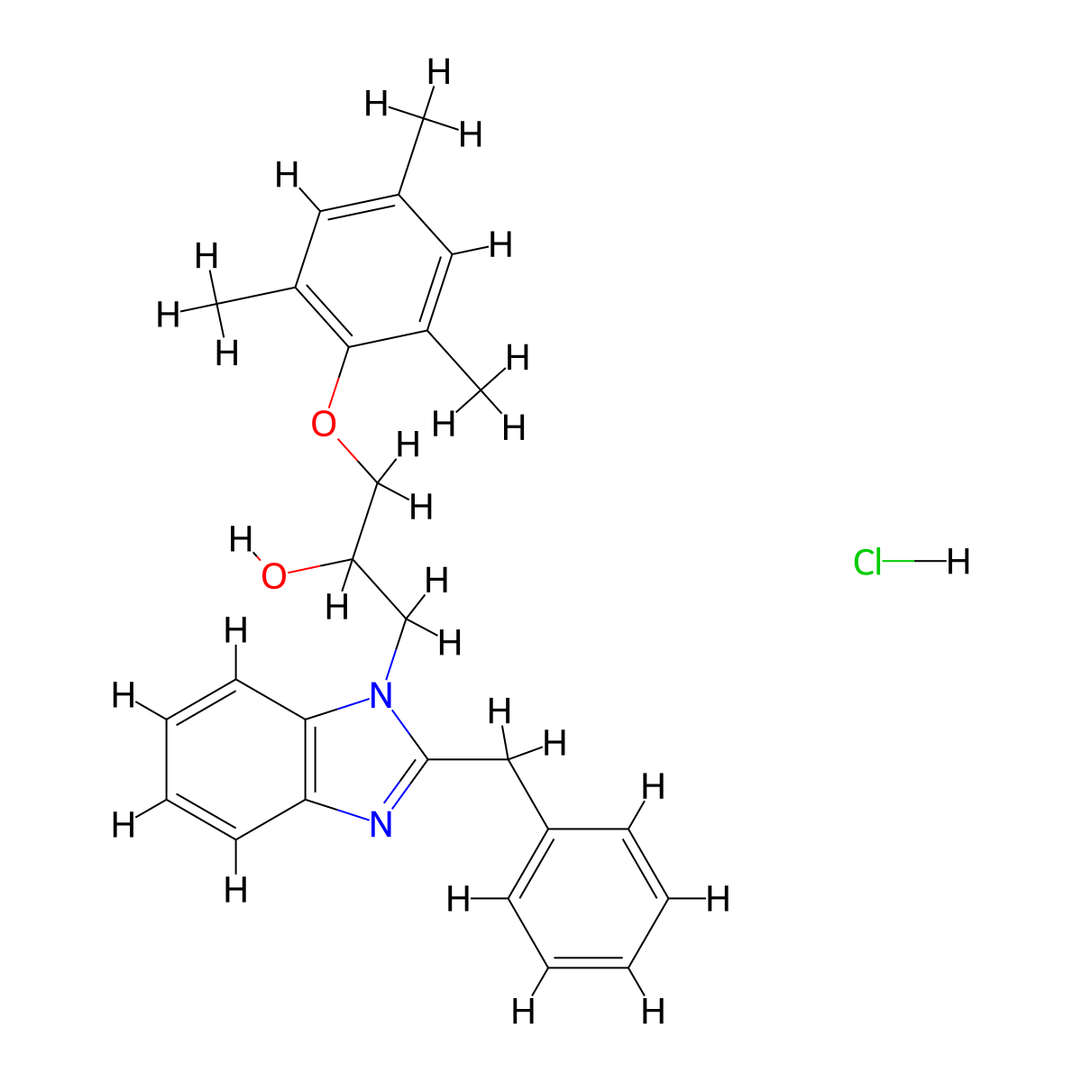 1-(2-benzyl-1H-1,3-benzodiazol-1-yl)-3-(2,4,6-trimethylphenoxy)propan-2-ol hydrochloride molecular structure, CAS 3054593-53-9