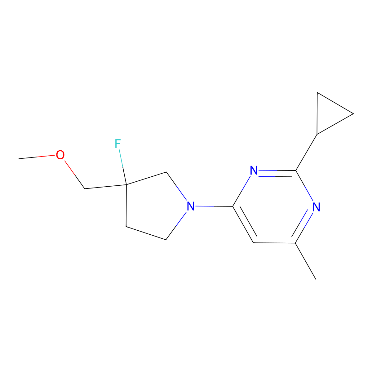 2-Cyclopropyl-4-[3-fluoro-3-(methoxymethyl)pyrrolidin-1-yl]-6-methylpyrimidine molecular structure, CAS 3054593-56-2