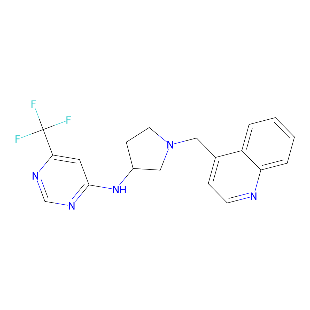 N-{1-[(quinolin-4-yl)methyl]pyrrolidin-3-yl}-6-(trifluoromethyl)pyrimidin-4-amine molecular structure, CAS 3054593-68-6