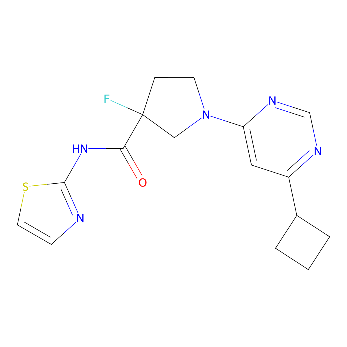 1-(6-cyclobutylpyrimidin-4-yl)-3-fluoro-N-(1,3-thiazol-2-yl)pyrrolidine-3-carboxamide molecular structure, CAS 3054593-72-2