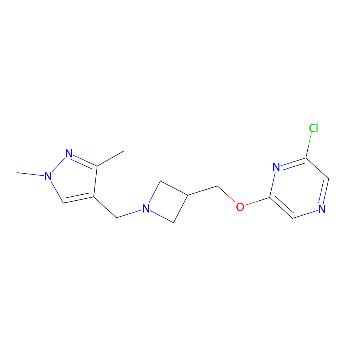 2-chloro-6-({1-[(1,3-dimethyl-1H-pyrazol-4-yl)methyl]azetidin-3-yl}methoxy)pyrazine molecular structure, CAS 3054593-73-3