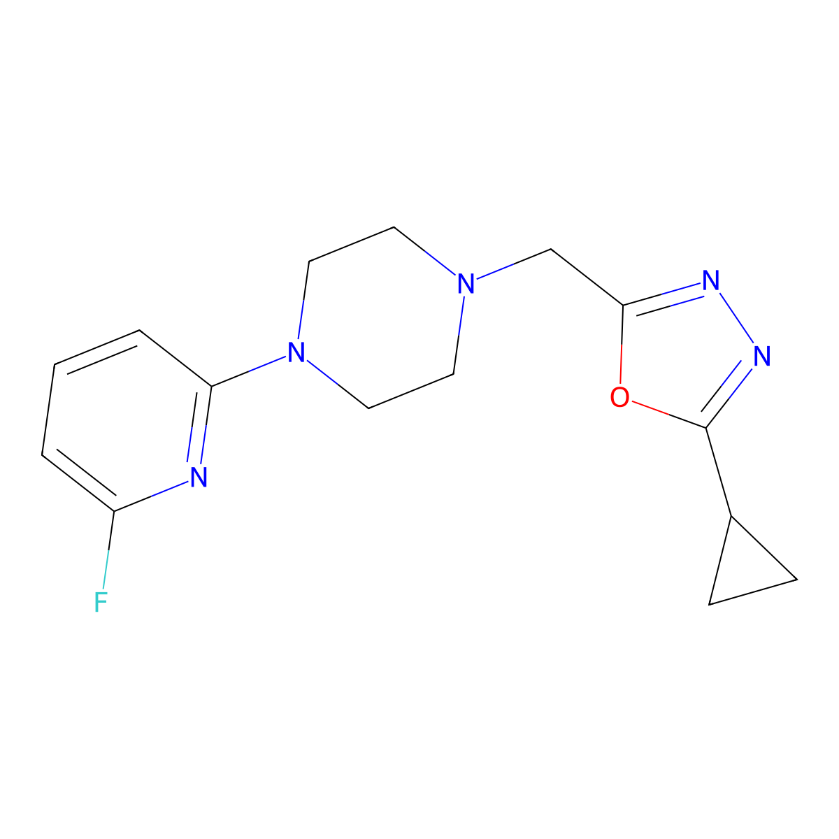 1-[(5-Cyclopropyl-1,3,4-oxadiazol-2-yl)methyl]-4-(6-fluoropyridin-2-yl)piperazine molecular structure, CAS 3054593-84-6