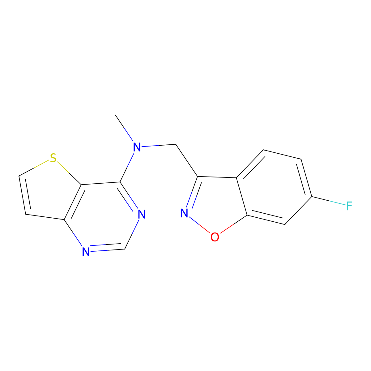 N-[(6-fluoro-1,2-benzoxazol-3-yl)methyl]-N-methylthieno[3,2-d]pyrimidin-4-amine molecular structure, CAS 3054593-90-4