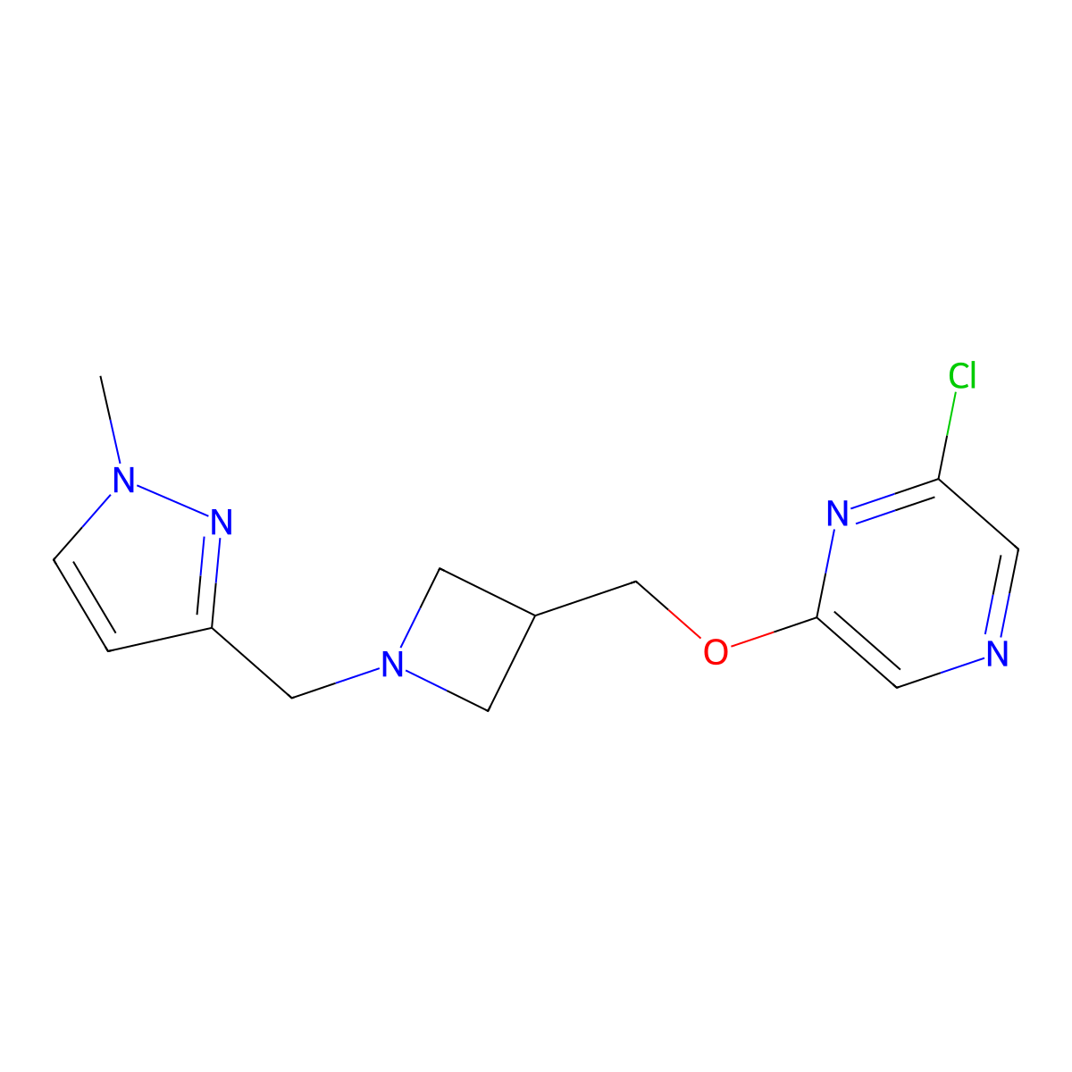 2-chloro-6-({1-[(1-methyl-1H-pyrazol-3-yl)methyl]azetidin-3-yl}methoxy)pyrazine molecular structure, CAS 3054594-01-0