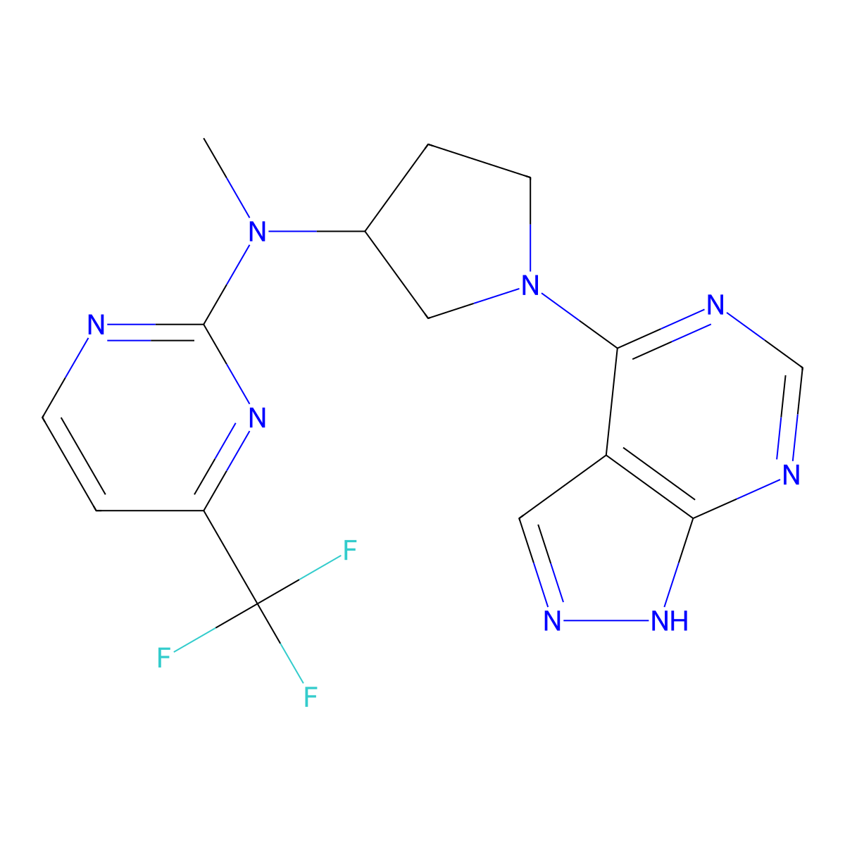 N-methyl-N-(1-{1H-pyrazolo[3,4-d]pyrimidin-4-yl}pyrrolidin-3-yl)-4-(trifluoromethyl)pyrimidin-2-amine molecular structure, CAS 3054594-17-8