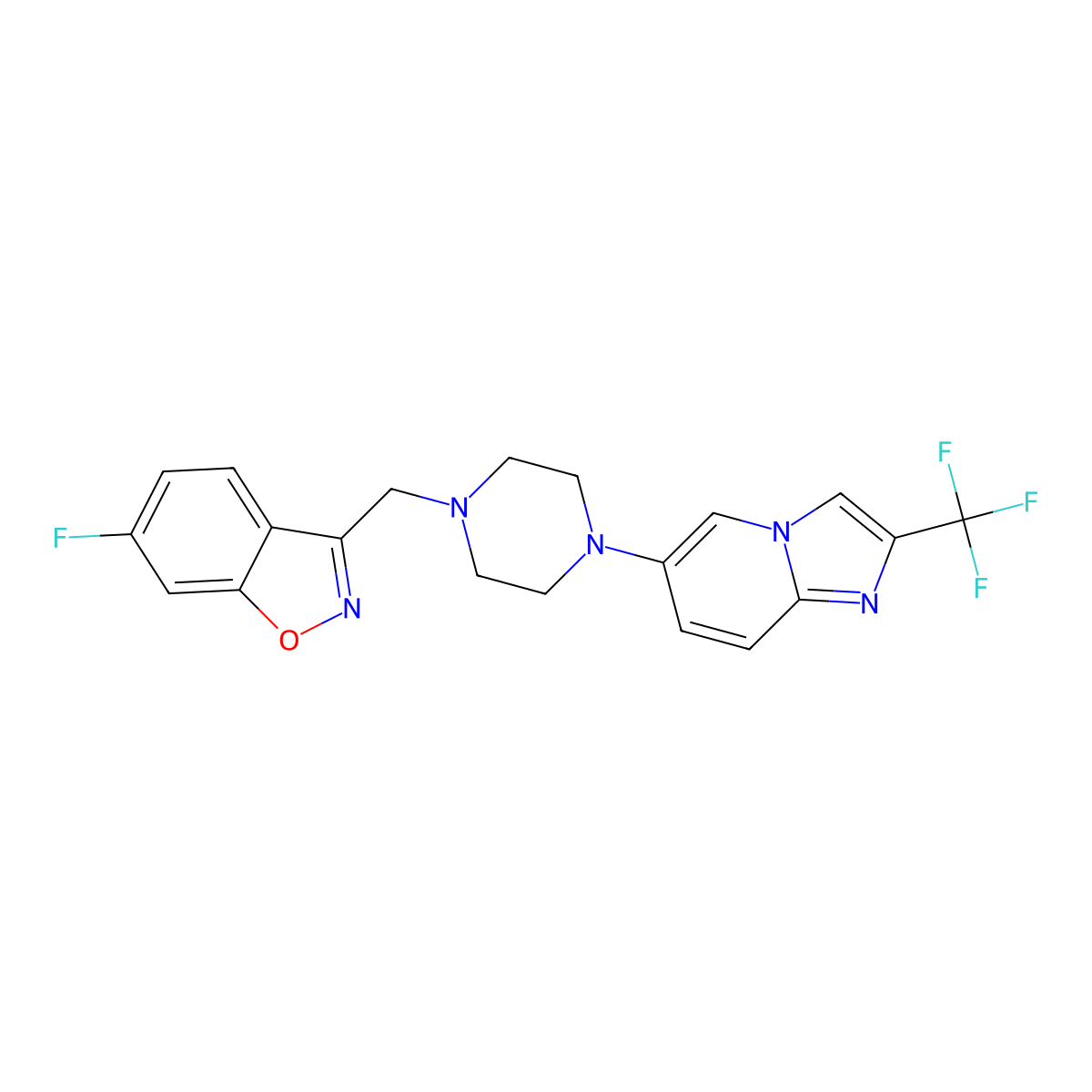 6-Fluoro-3-({4-[2-(trifluoromethyl)imidazo[1,2-a]pyridin-6-yl]piperazin-1-yl}methyl)-1,2-benzoxazole molecular structure, CAS 3054594-20-3