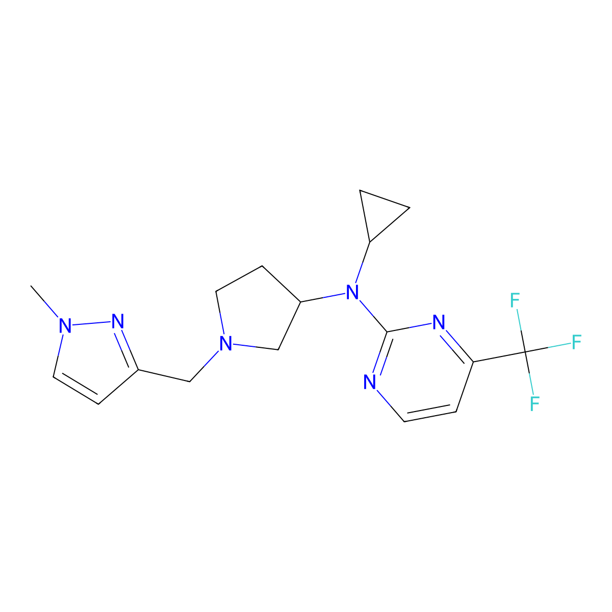 N-cyclopropyl-N-{1-[(1-methyl-1H-pyrazol-3-yl)methyl]pyrrolidin-3-yl}-4-(trifluoromethyl)pyrimidin-2-amine molecular structure, CAS 3054594-24-7