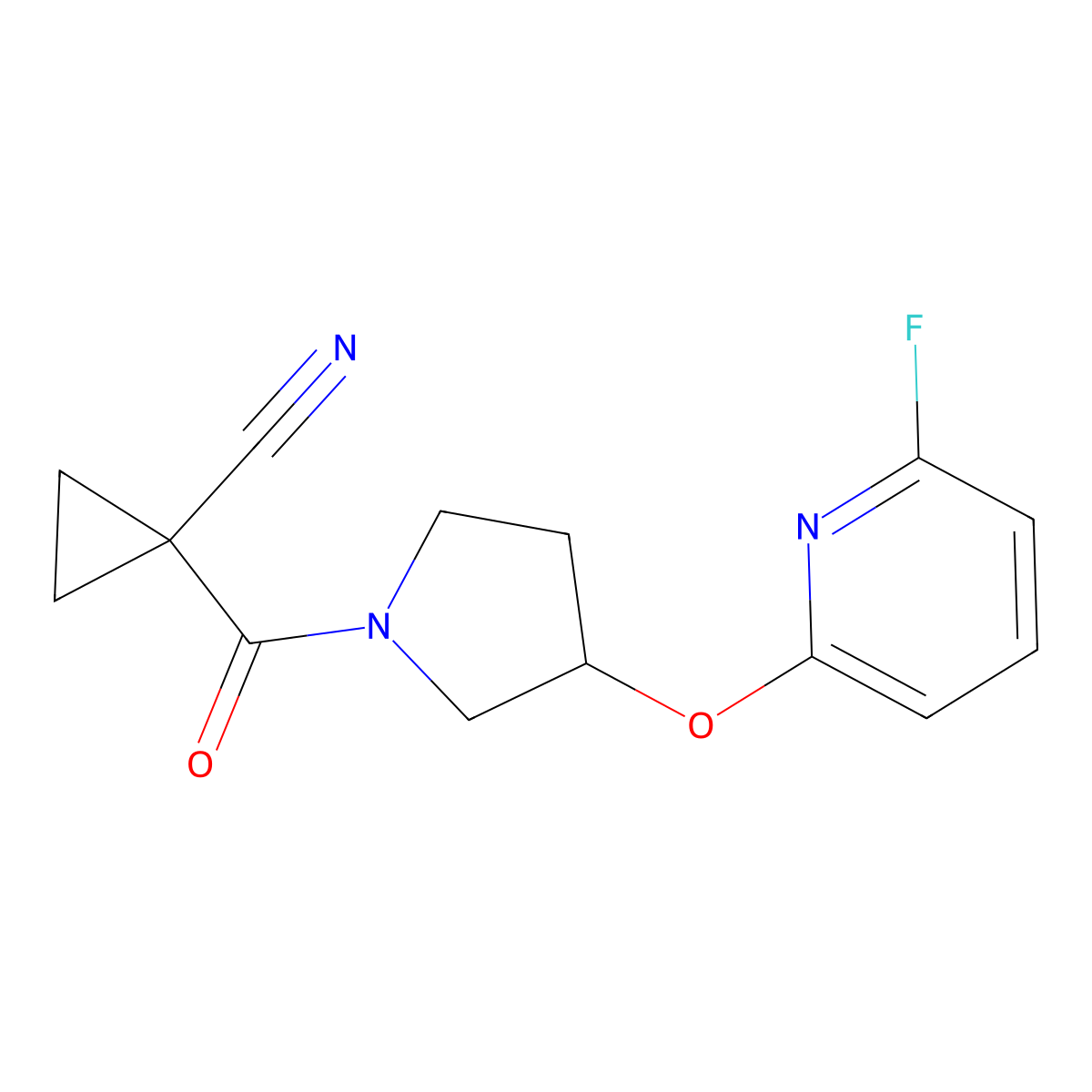 1-{3-[(6-Fluoropyridin-2-yl)oxy]pyrrolidine-1-carbonyl}cyclopropane-1-carbonitrile molecular structure, CAS 3054594-28-1