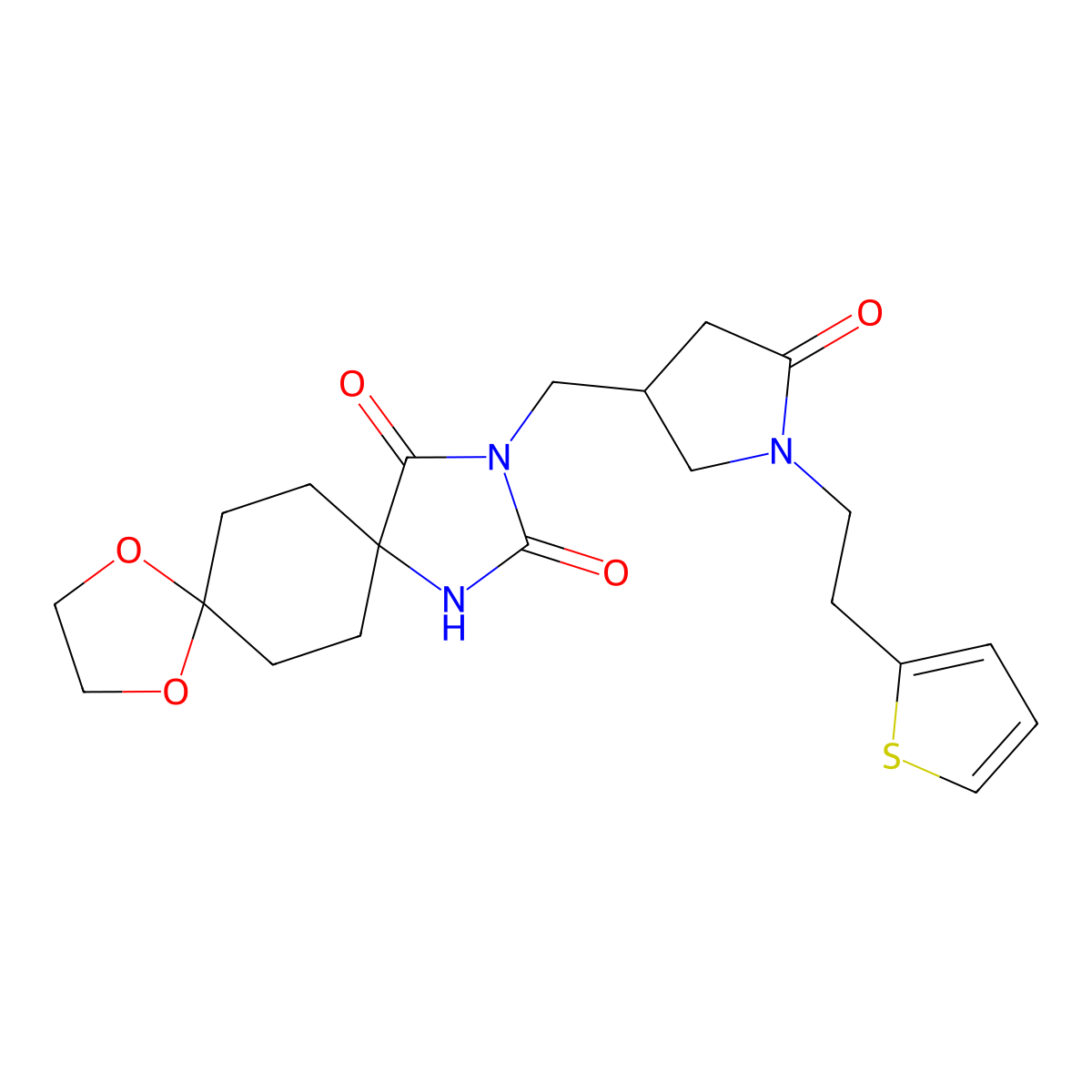 3-({5-Oxo-1-[2-(thiophen-2-yl)ethyl]pyrrolidin-3-yl}methyl)-9,12-dioxa-1,3-diazadispiro[4.2.4.2]tetradecane-2,4-dione molecular structure, CAS 3054594-33-8