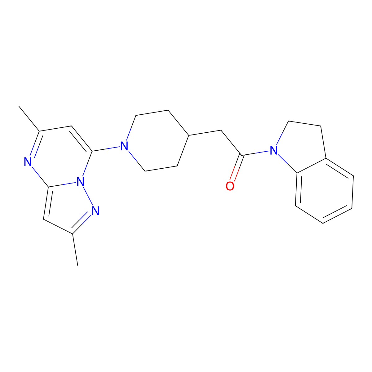 1-(2,3-dihydro-1H-indol-1-yl)-2-(1-{2,5-dimethylpyrazolo[1,5-a]pyrimidin-7-yl}piperidin-4-yl)ethan-1-one molecular structure, CAS 3054594-36-1
