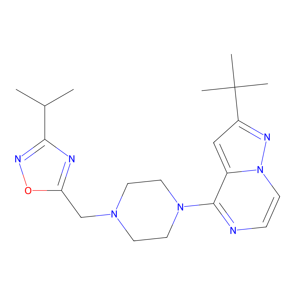 1-{2-Tert-butylpyrazolo[1,5-a]pyrazin-4-yl}-4-{[3-(propan-2-yl)-1,2,4-oxadiazol-5-yl]methyl}piperazine molecular structure, CAS 3054594-42-9