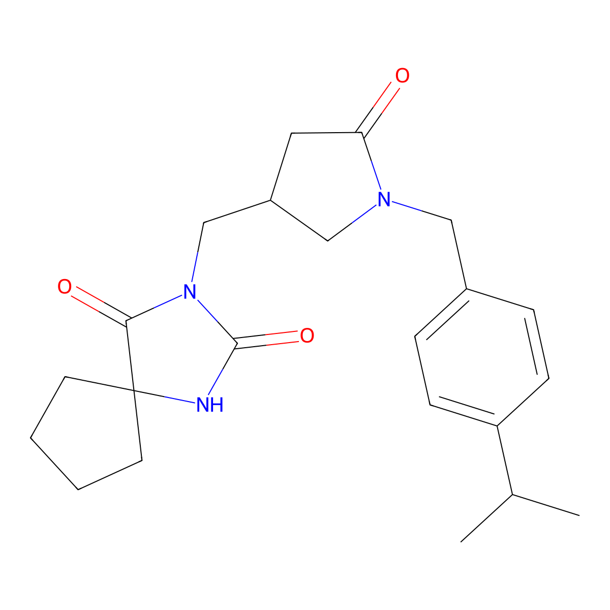 3-[(5-Oxo-1-{[4-(propan-2-yl)phenyl]methyl}pyrrolidin-3-yl)methyl]-1,3-diazaspiro[4.4]nonane-2,4-dione molecular structure, CAS 3054594-43-0