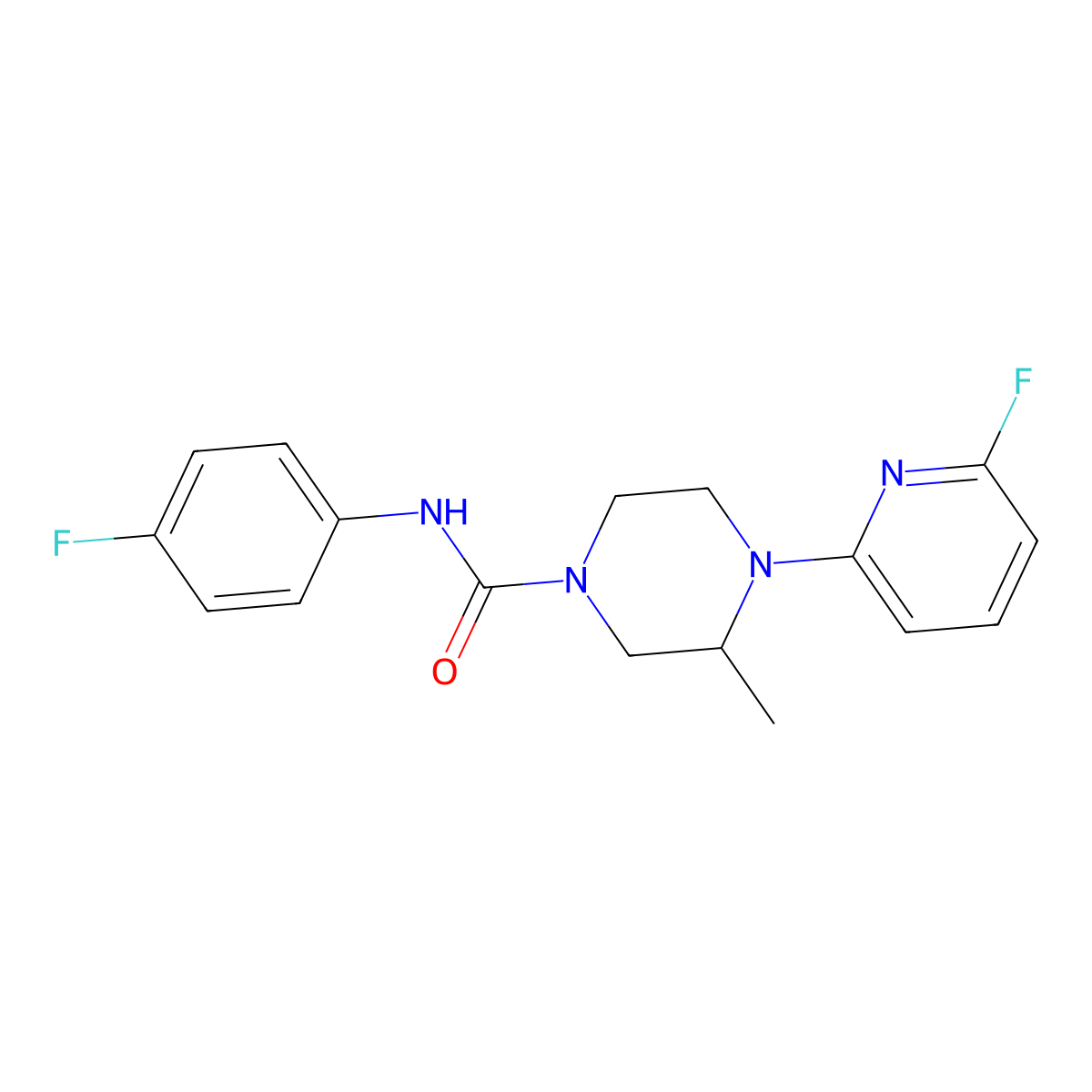 N-(4-fluorophenyl)-4-(6-fluoropyridin-2-yl)-3-methylpiperazine-1-carboxamide molecular structure, CAS 3054594-48-5