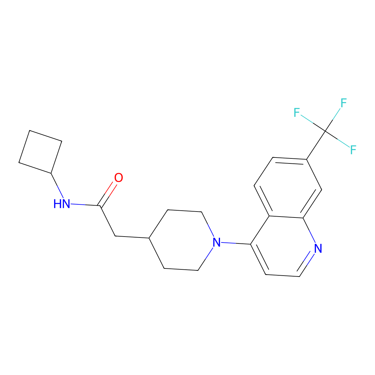N-cyclobutyl-2-{1-[7-(trifluoromethyl)quinolin-4-yl]piperidin-4-yl}acetamide molecular structure, CAS 3054594-55-4