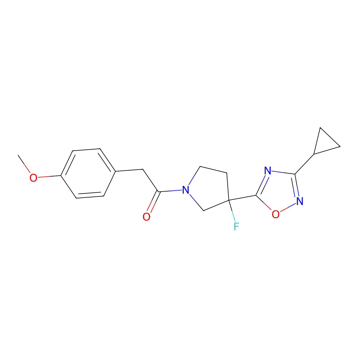 1-[3-(3-Cyclopropyl-1,2,4-oxadiazol-5-yl)-3-fluoropyrrolidin-1-yl]-2-(4-methoxyphenyl)ethan-1-one molecular structure, CAS 3054594-62-3