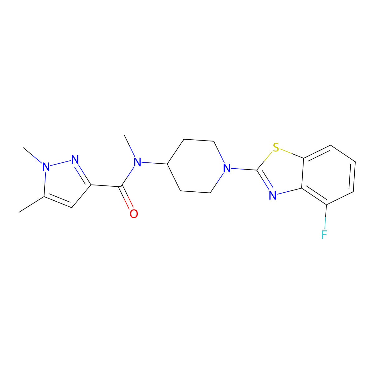 N-[1-(4-fluoro-1,3-benzothiazol-2-yl)piperidin-4-yl]-N,1,5-trimethyl-1H-pyrazole-3-carboxamide molecular structure, CAS 3054594-69-0