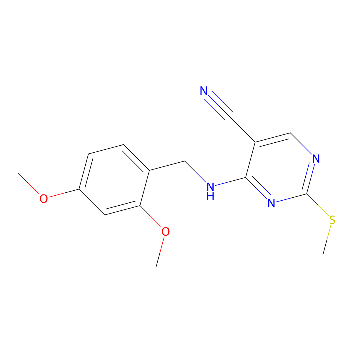 4-{[(2,4-Dimethoxyphenyl)methyl]amino}-2-(methylsulfanyl)pyrimidine-5-carbonitrile molecular structure, CAS 3054594-70-3