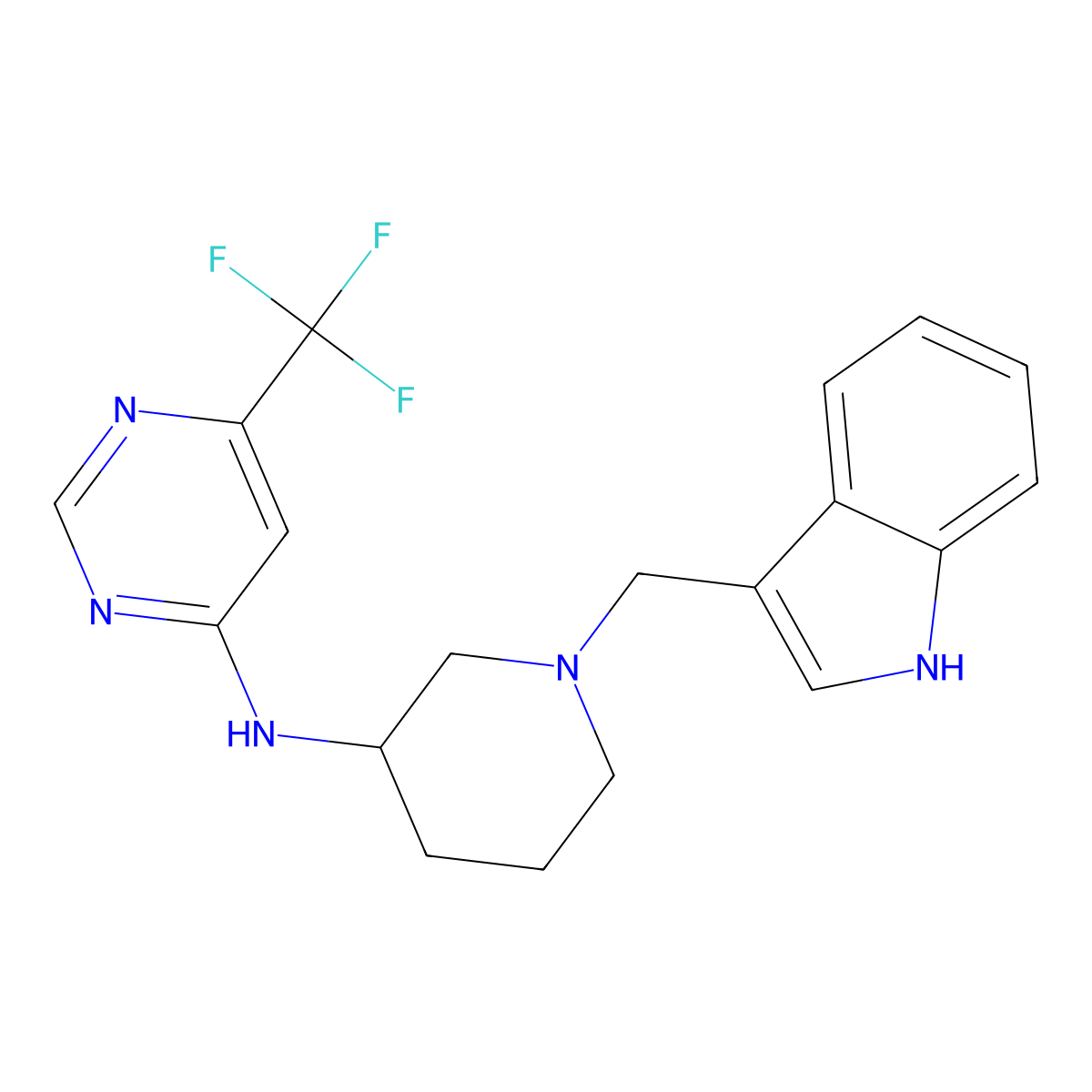 N-{1-[(1H-indol-3-yl)methyl]piperidin-3-yl}-6-(trifluoromethyl)pyrimidin-4-amine molecular structure, CAS 3054594-72-5