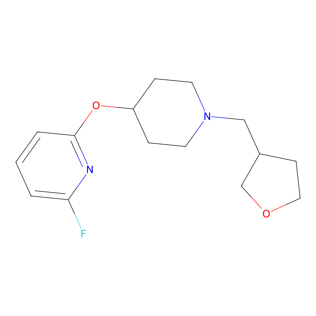 2-Fluoro-6-({1-[(oxolan-3-yl)methyl]piperidin-4-yl}oxy)pyridine molecular structure, CAS 3054594-75-8