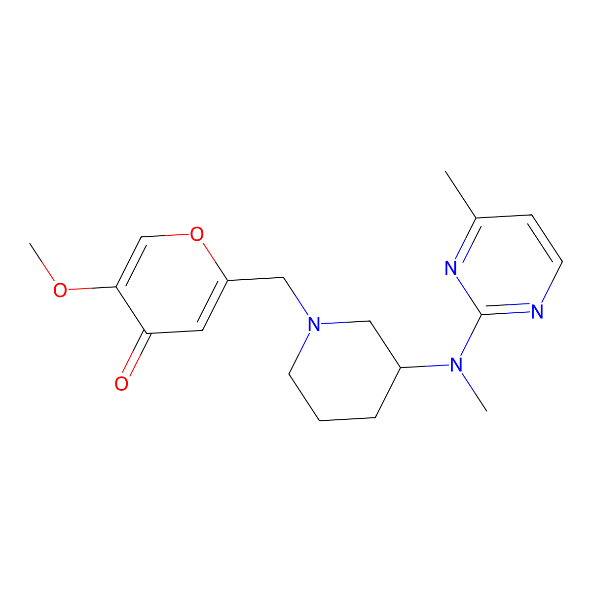 5-methoxy-2-({3-[methyl(4-methylpyrimidin-2-yl)amino]piperidin-1-yl}methyl)-4H-pyran-4-one molecular structure, CAS 3054594-87-2