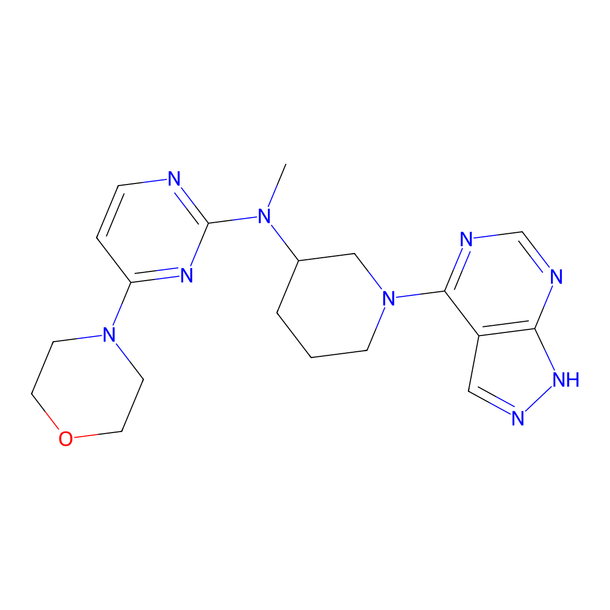 N-methyl-4-(morpholin-4-yl)-N-(1-{1H-pyrazolo[3,4-d]pyrimidin-4-yl}piperidin-3-yl)pyrimidin-2-amine molecular structure, CAS 3054594-93-0