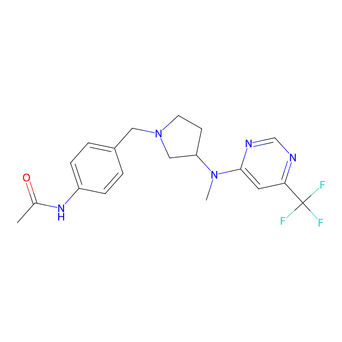 N-{4-[(3-{methyl[6-(trifluoromethyl)pyrimidin-4-yl]amino}pyrrolidin-1-yl)methyl]phenyl}acetamide molecular structure, CAS 3054594-94-1