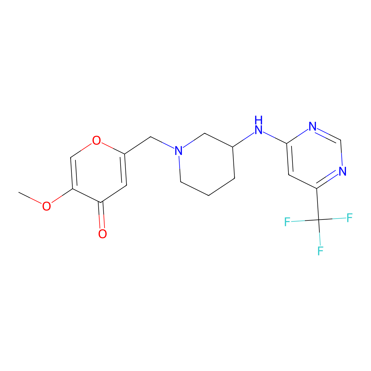 5-methoxy-2-[(3-{[6-(trifluoromethyl)pyrimidin-4-yl]amino}piperidin-1-yl)methyl]-4H-pyran-4-one molecular structure, CAS 3054594-95-2