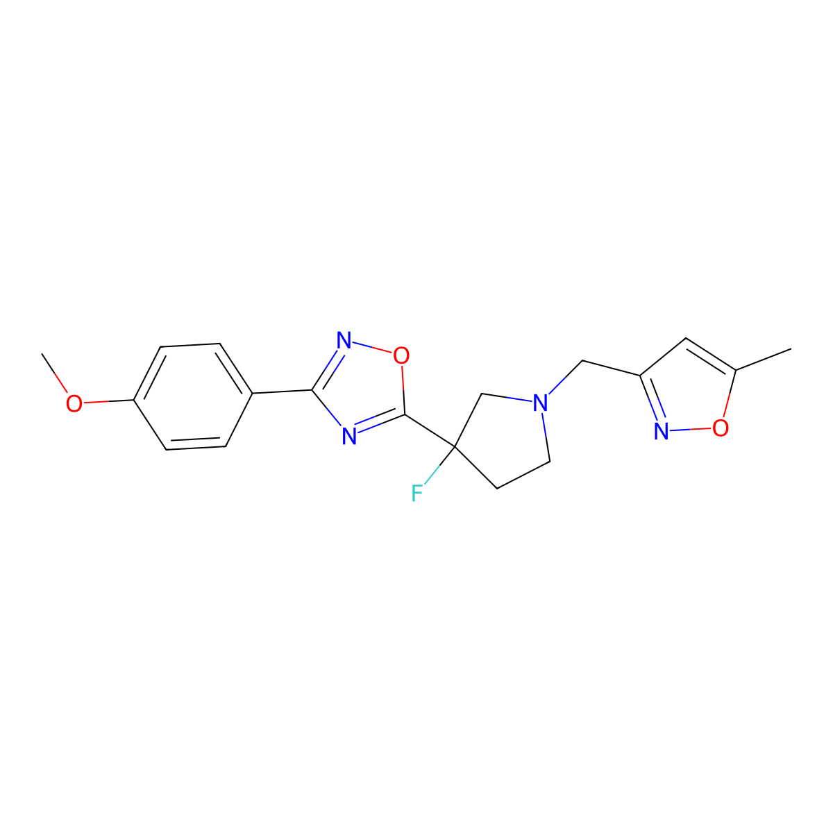5-{3-Fluoro-1-[(5-methyl-1,2-oxazol-3-yl)methyl]pyrrolidin-3-yl}-3-(4-methoxyphenyl)-1,2,4-oxadiazole molecular structure, CAS 3054594-99-6