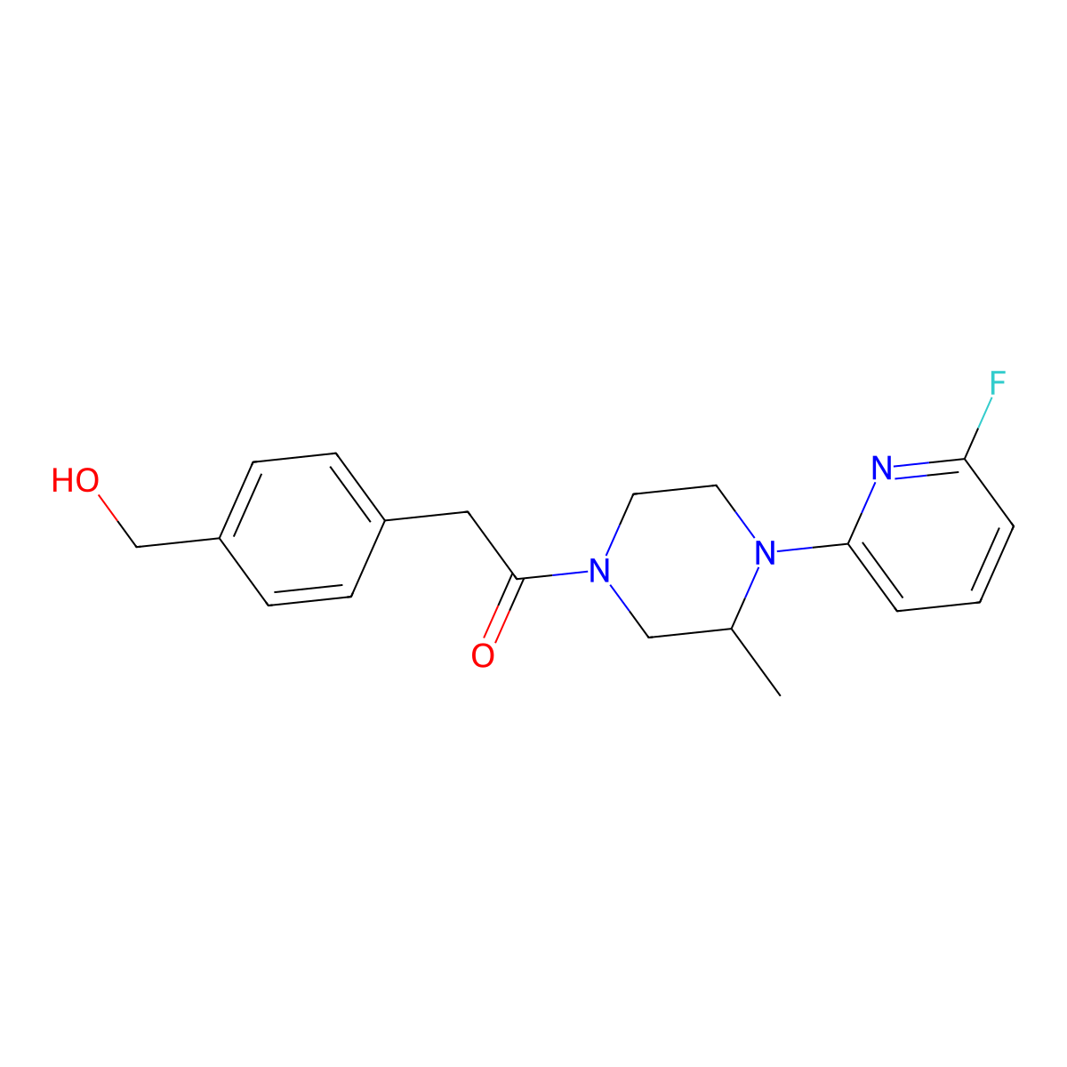 1-[4-(6-Fluoropyridin-2-yl)-3-methylpiperazin-1-yl]-2-[4-(hydroxymethyl)phenyl]ethan-1-one molecular structure, CAS 3054595-00-2