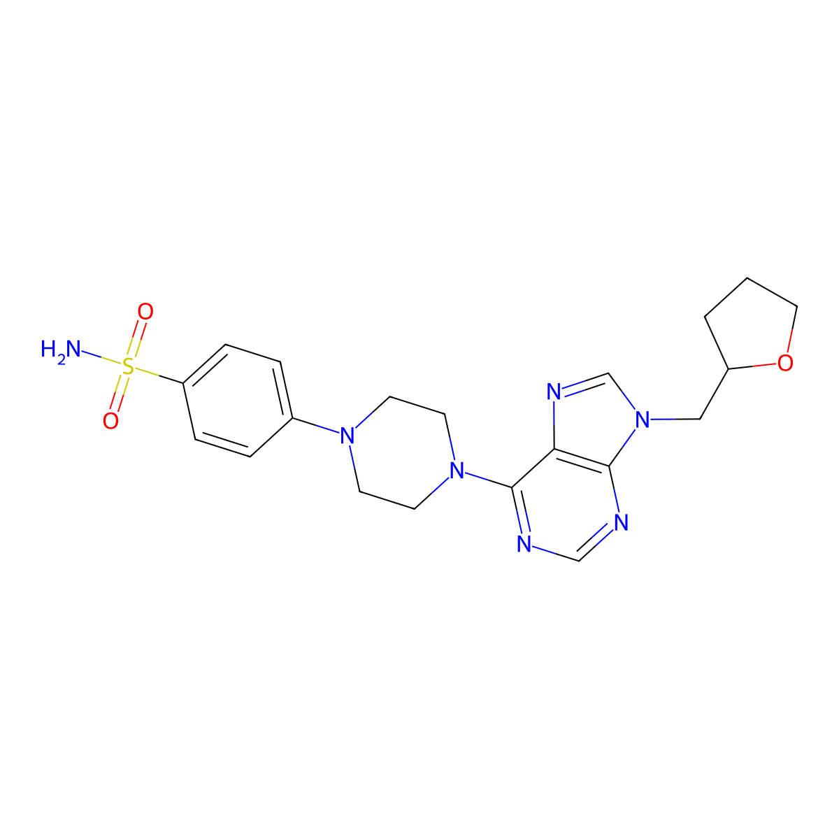 4-(4-{9-[(oxolan-2-yl)methyl]-9H-purin-6-yl}piperazin-1-yl)benzene-1-sulfonamide molecular structure, CAS 3054595-03-5