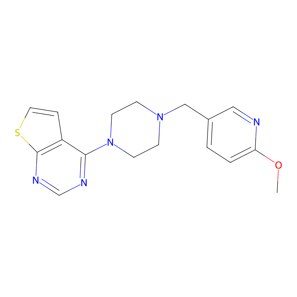 1-[(6-Methoxypyridin-3-yl)methyl]-4-{thieno[2,3-d]pyrimidin-4-yl}piperazine molecular structure, CAS 3054595-04-6