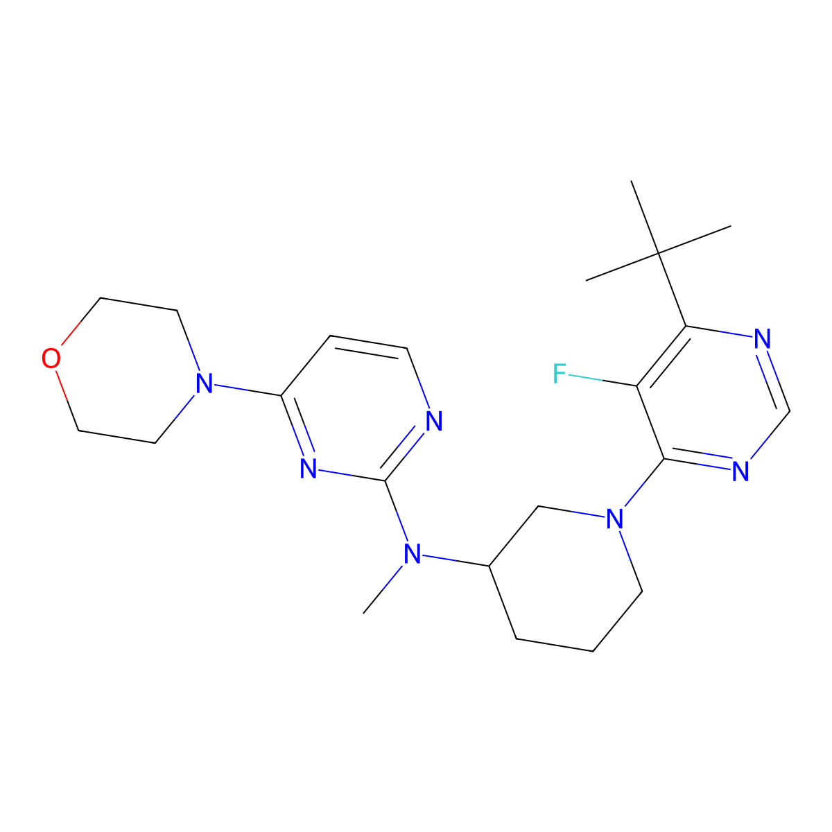 N-[1-(6-tert-butyl-5-fluoropyrimidin-4-yl)piperidin-3-yl]-N-methyl-4-morpholin-4-ylpyrimidin-2-amine molecular structure, CAS 3054595-08-0