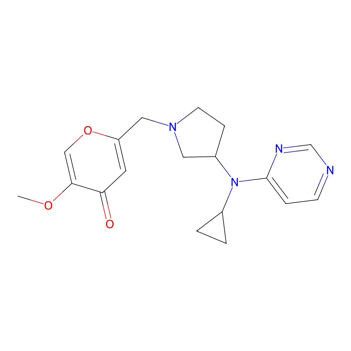 2-({3-[cyclopropyl(pyrimidin-4-yl)amino]pyrrolidin-1-yl}methyl)-5-methoxy-4H-pyran-4-one molecular structure, CAS 3054595-13-7