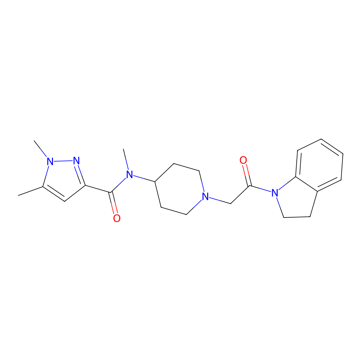 N-{1-[2-(2,3-dihydro-1H-indol-1-yl)-2-oxoethyl]piperidin-4-yl}-N,1,5-trimethyl-1H-pyrazole-3-carboxamide molecular structure, CAS 3054595-19-3