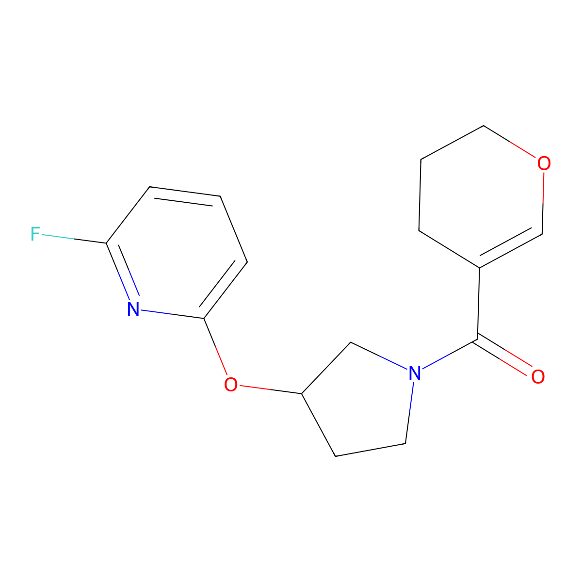 2-{[1-(3,4-dihydro-2H-pyran-5-carbonyl)pyrrolidin-3-yl]oxy}-6-fluoropyridine molecular structure, CAS 3054595-21-7