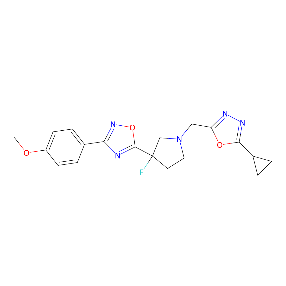 5-{1-[(5-Cyclopropyl-1,3,4-oxadiazol-2-yl)methyl]-3-fluoropyrrolidin-3-yl}-3-(4-methoxyphenyl)-1,2,4-oxadiazole molecular structure, CAS 3054595-23-9
