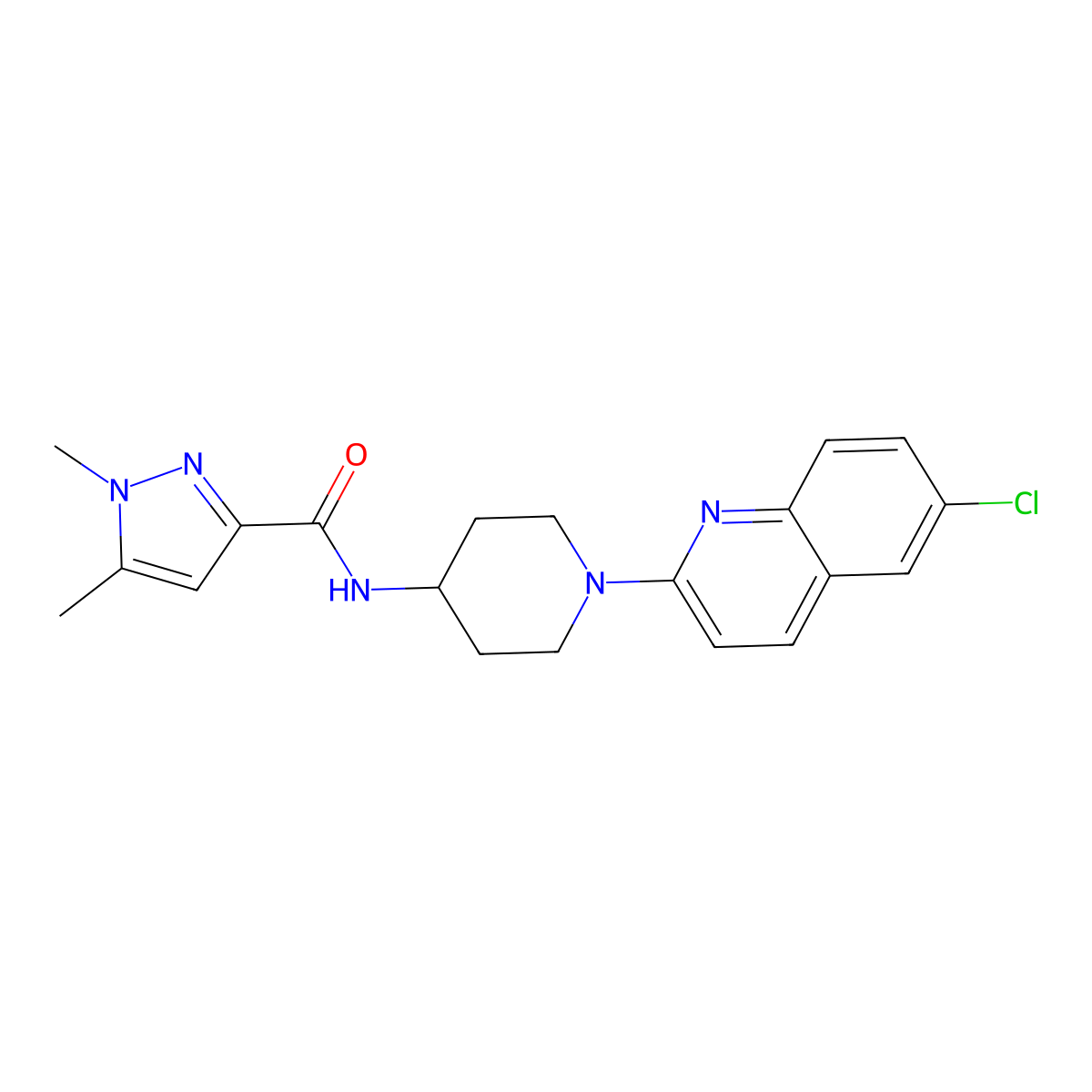 N-[1-(6-chloroquinolin-2-yl)piperidin-4-yl]-1,5-dimethyl-1H-pyrazole-3-carboxamide molecular structure, CAS 3054595-24-0