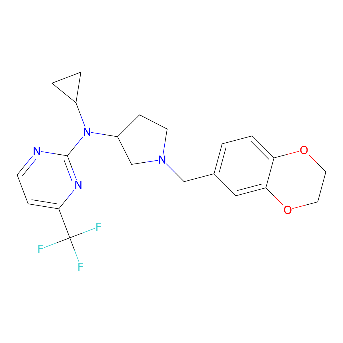 N-cyclopropyl-N-{1-[(2,3-dihydro-1,4-benzodioxin-6-yl)methyl]pyrrolidin-3-yl}-4-(trifluoromethyl)pyrimidin-2-amine molecular structure, CAS 3054595-25-1
