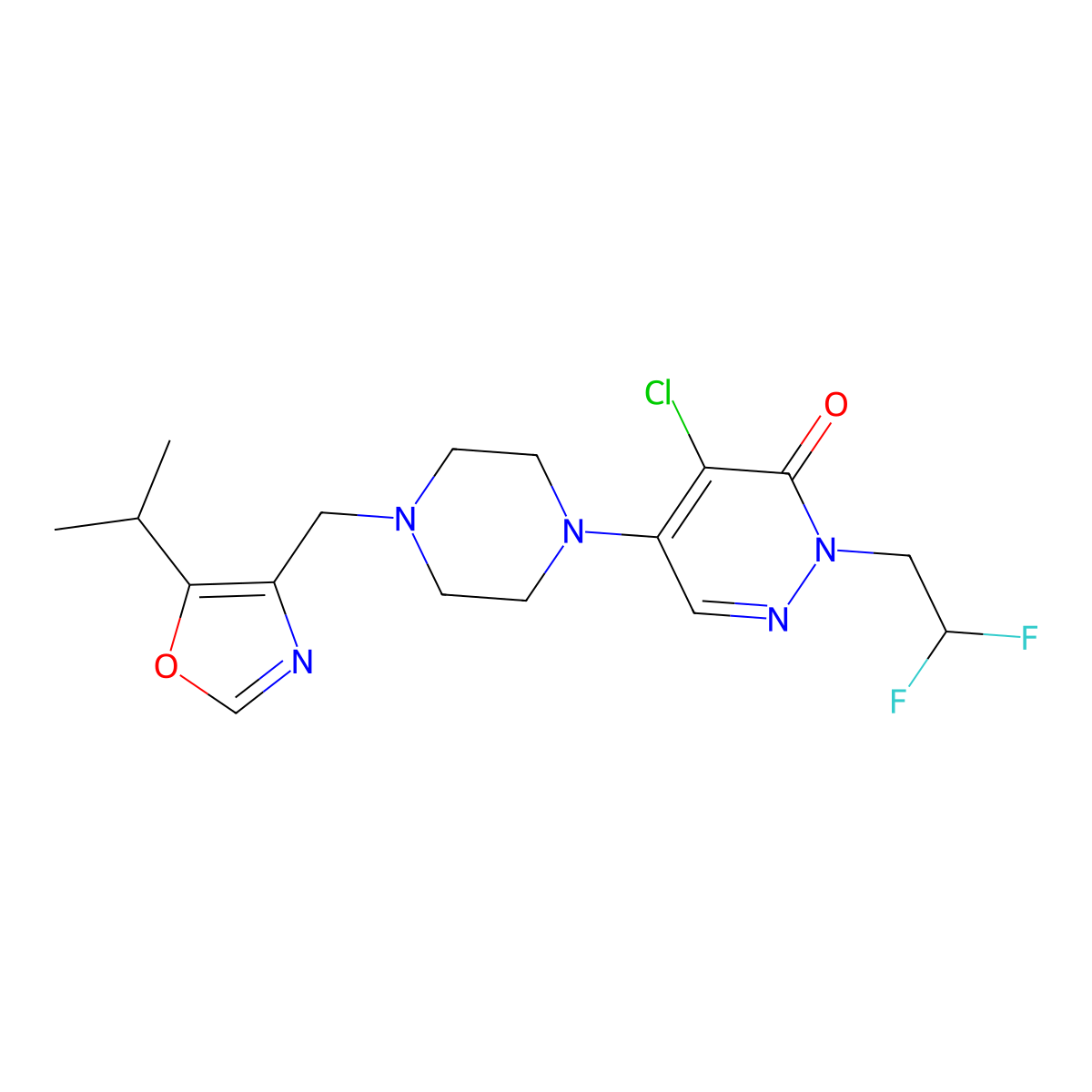 4-Chloro-2-(2,2-difluoroethyl)-5-(4-{[5-(propan-2-yl)-1,3-oxazol-4-yl]methyl}piperazin-1-yl)-2,3-dihydropyridazin-3-one molecular structure, CAS 3054595-27-3