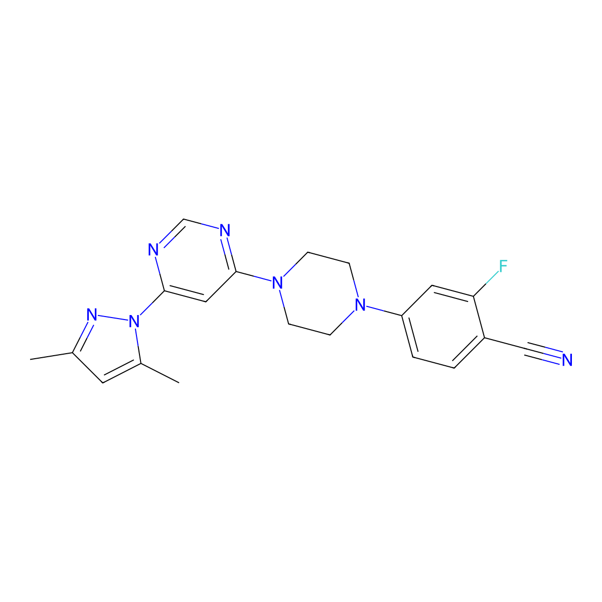 4-{4-[6-(3,5-dimethyl-1H-pyrazol-1-yl)pyrimidin-4-yl]piperazin-1-yl}-2-fluorobenzonitrile molecular structure, CAS 3054595-29-5