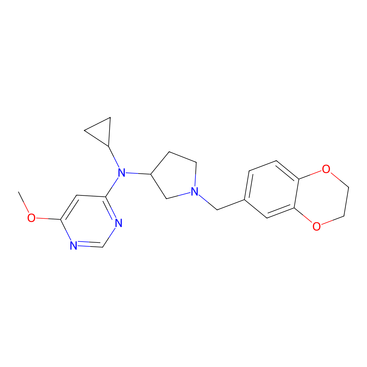 N-cyclopropyl-N-{1-[(2,3-dihydro-1,4-benzodioxin-6-yl)methyl]pyrrolidin-3-yl}-6-methoxypyrimidin-4-amine molecular structure, CAS 3054595-37-5
