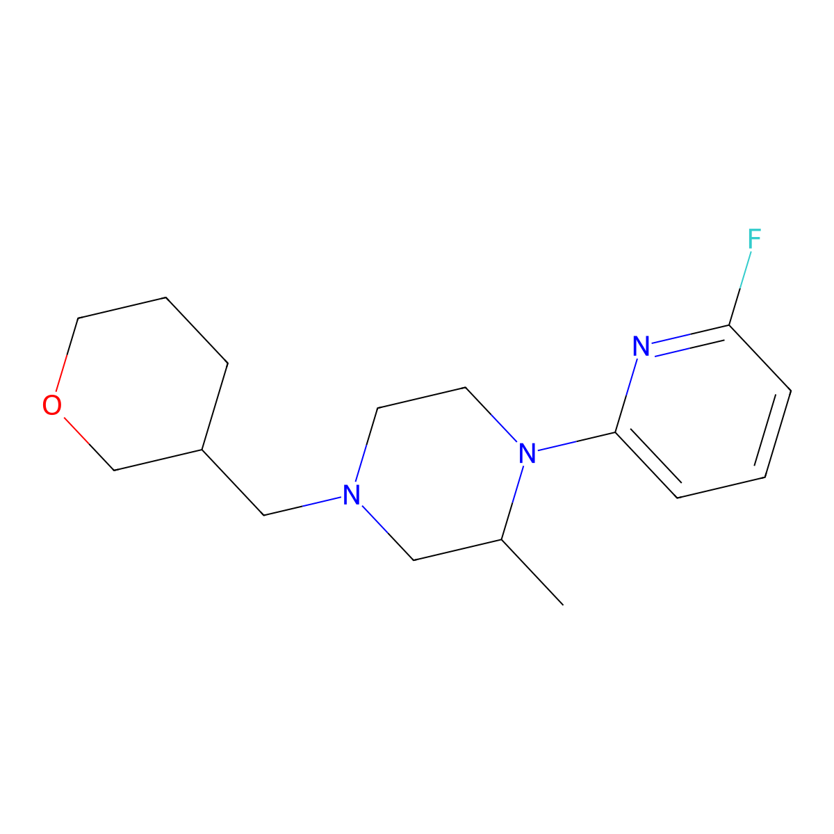 1-(6-Fluoropyridin-2-yl)-2-methyl-4-[(oxan-3-yl)methyl]piperazine molecular structure, CAS 3054595-38-6