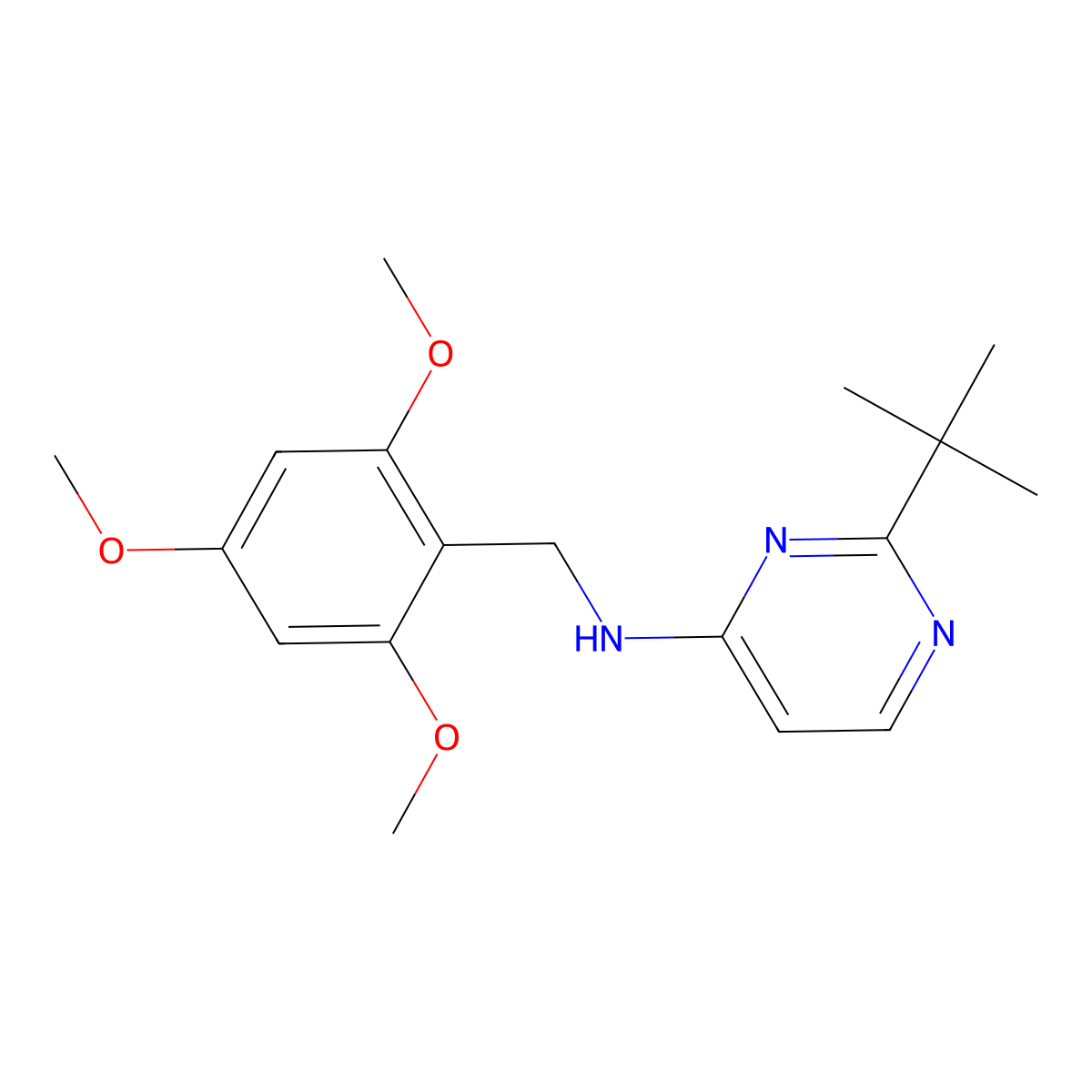 2-tert-butyl-N-[(2,4,6-trimethoxyphenyl)methyl]pyrimidin-4-amine molecular structure, CAS 3054595-39-7