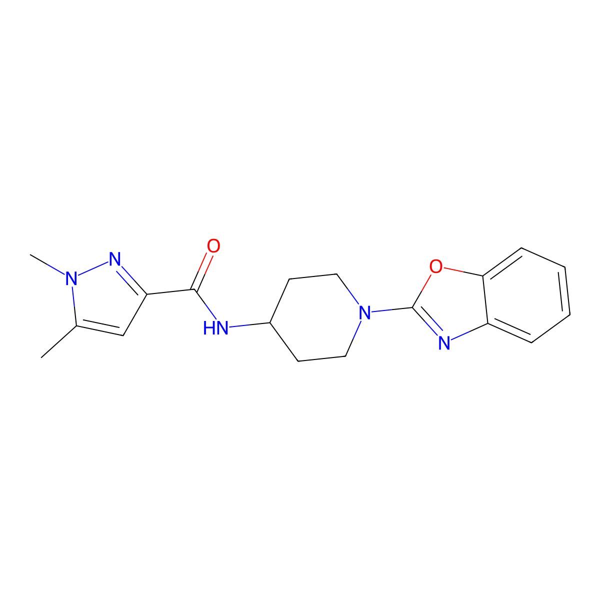N-[1-(1,3-benzoxazol-2-yl)piperidin-4-yl]-1,5-dimethyl-1H-pyrazole-3-carboxamide molecular structure, CAS 3054595-43-3