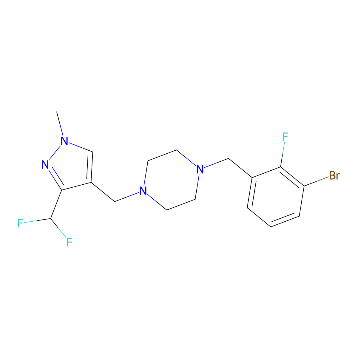 1-[(3-bromo-2-fluorophenyl)methyl]-4-{[3-(difluoromethyl)-1-methyl-1H-pyrazol-4-yl]methyl}piperazine molecular structure, CAS 3054595-49-9