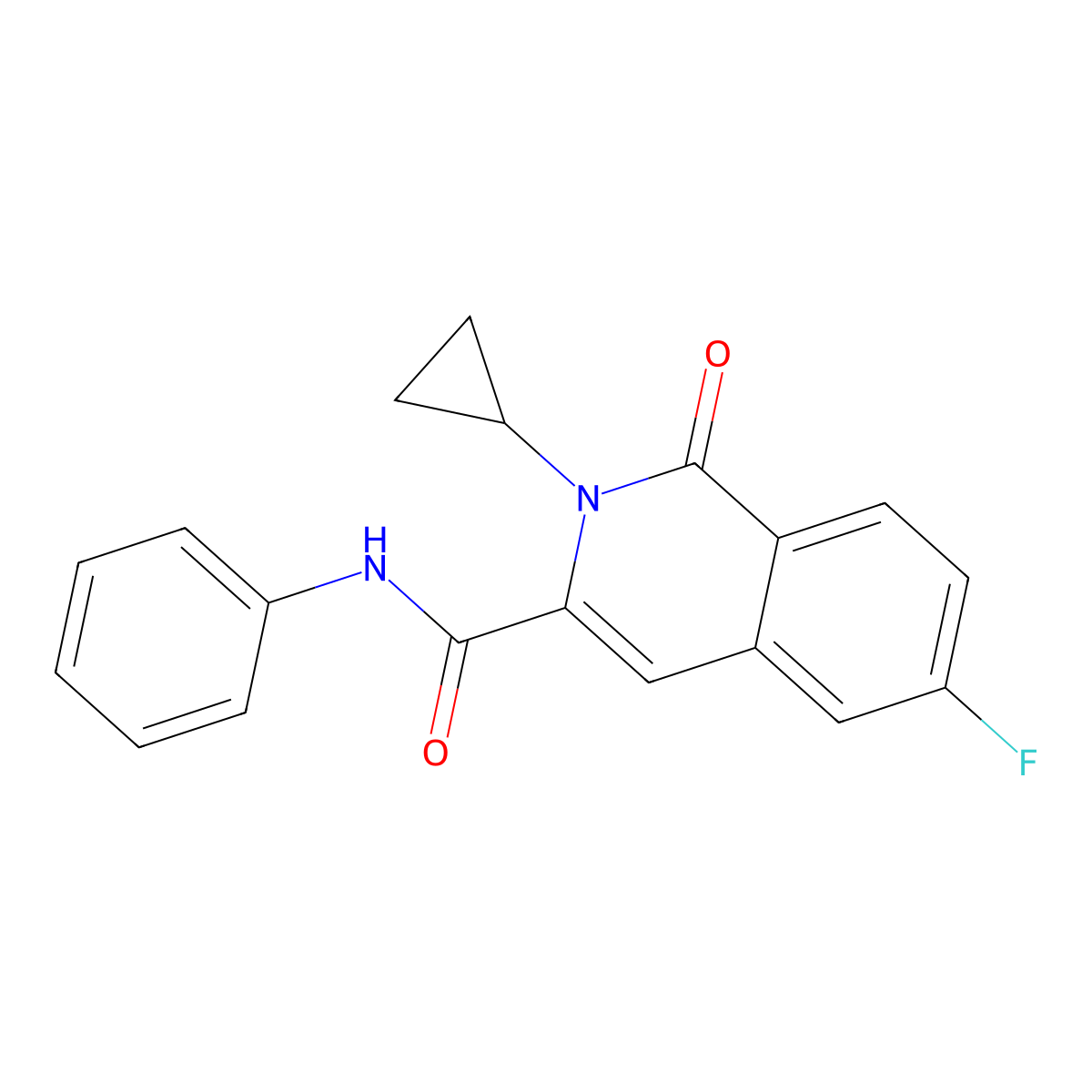 2-cyclopropyl-6-fluoro-1-oxo-N-phenyl-1,2-dihydroisoquinoline-3-carboxamide molecular structure, CAS 3054595-54-6