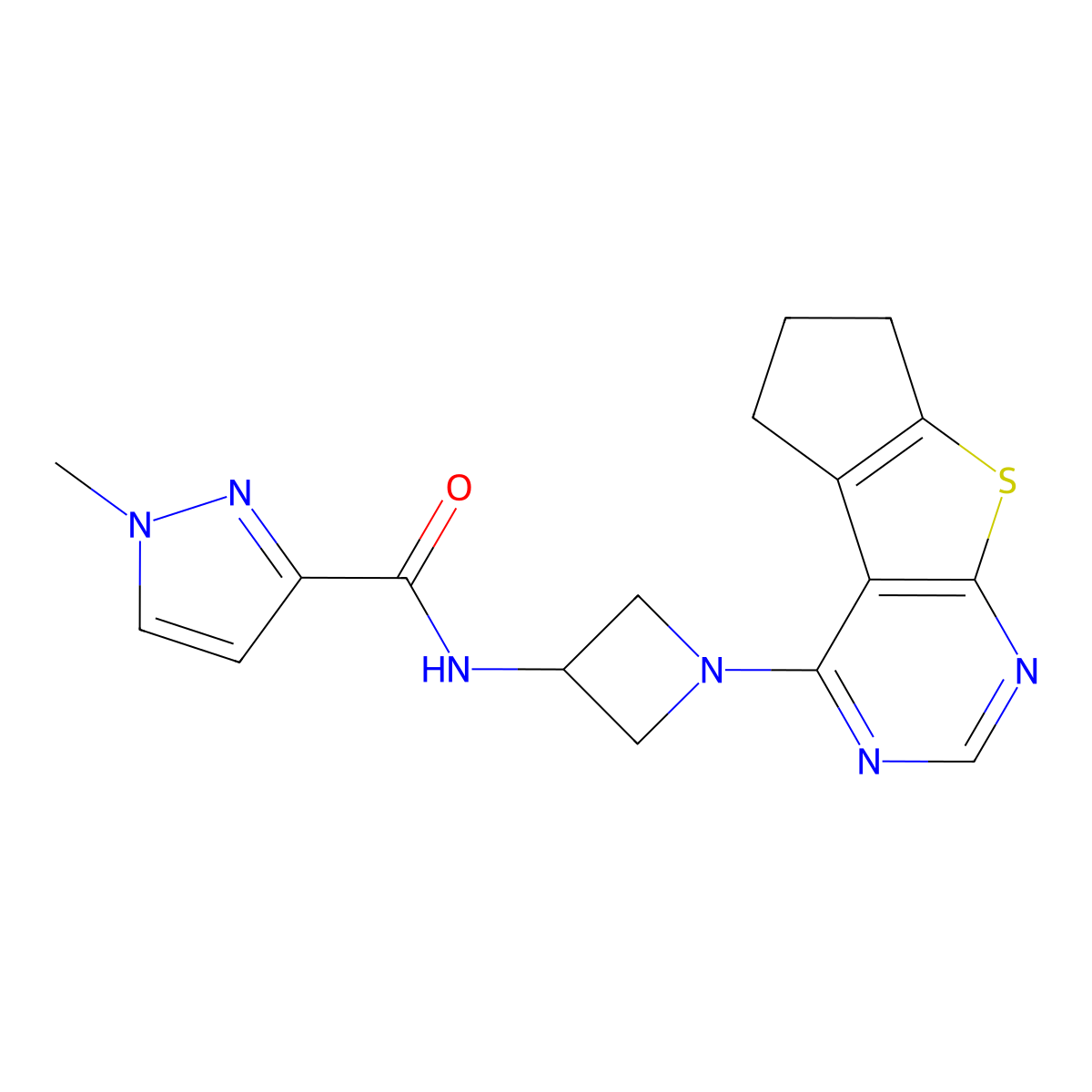 1-methyl-N-(1-{7-thia-9,11-diazatricyclo[6.4.0.0(2),]dodeca-1(12),2(6),8,10-tetraen-12-yl}azetidin-3-yl)-1H-pyrazole-3-carboxamide molecular structure, CAS 3054595-58-0