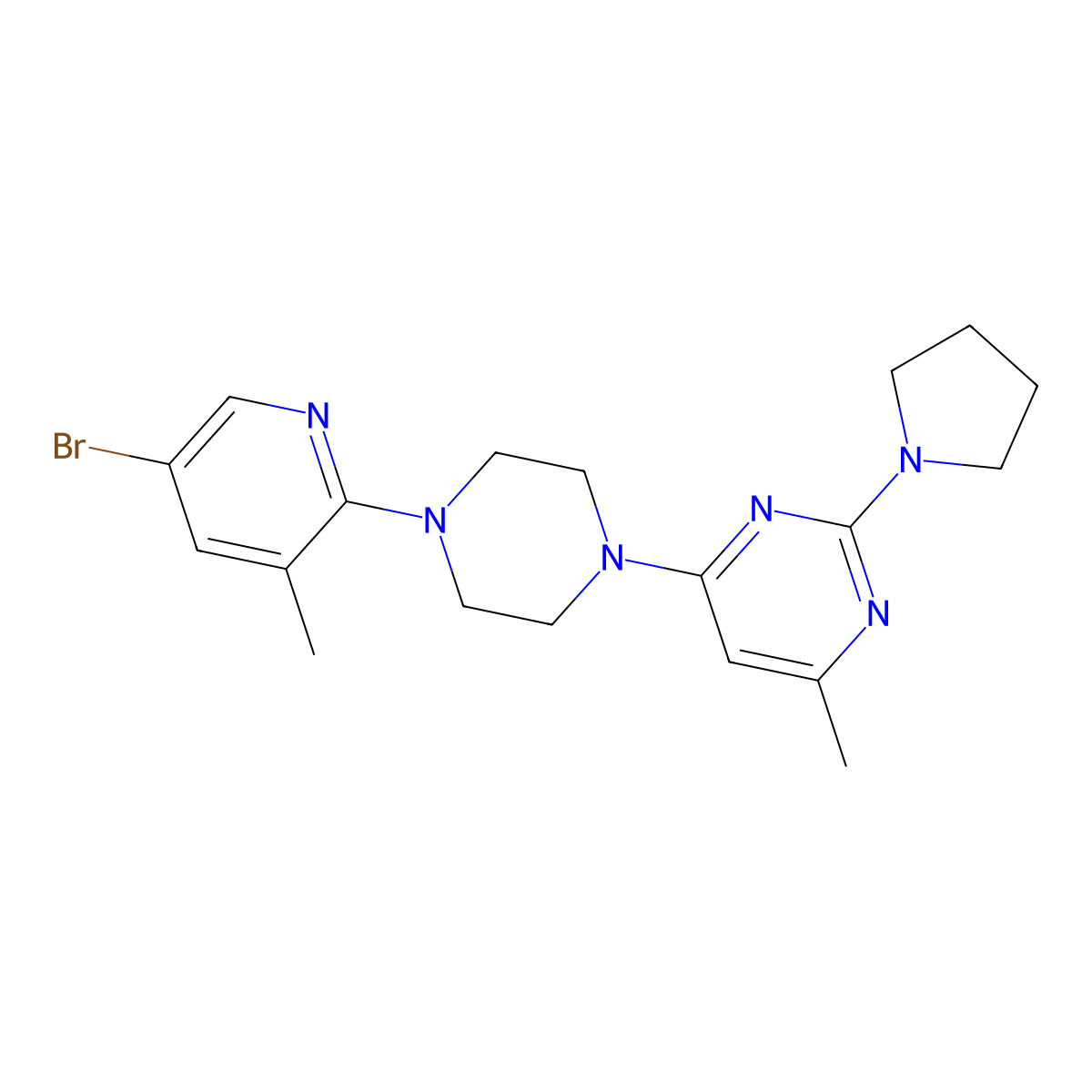 4-[4-(5-Bromo-3-methylpyridin-2-yl)piperazin-1-yl]-6-methyl-2-(pyrrolidin-1-yl)pyrimidine molecular structure, CAS 3054595-67-1