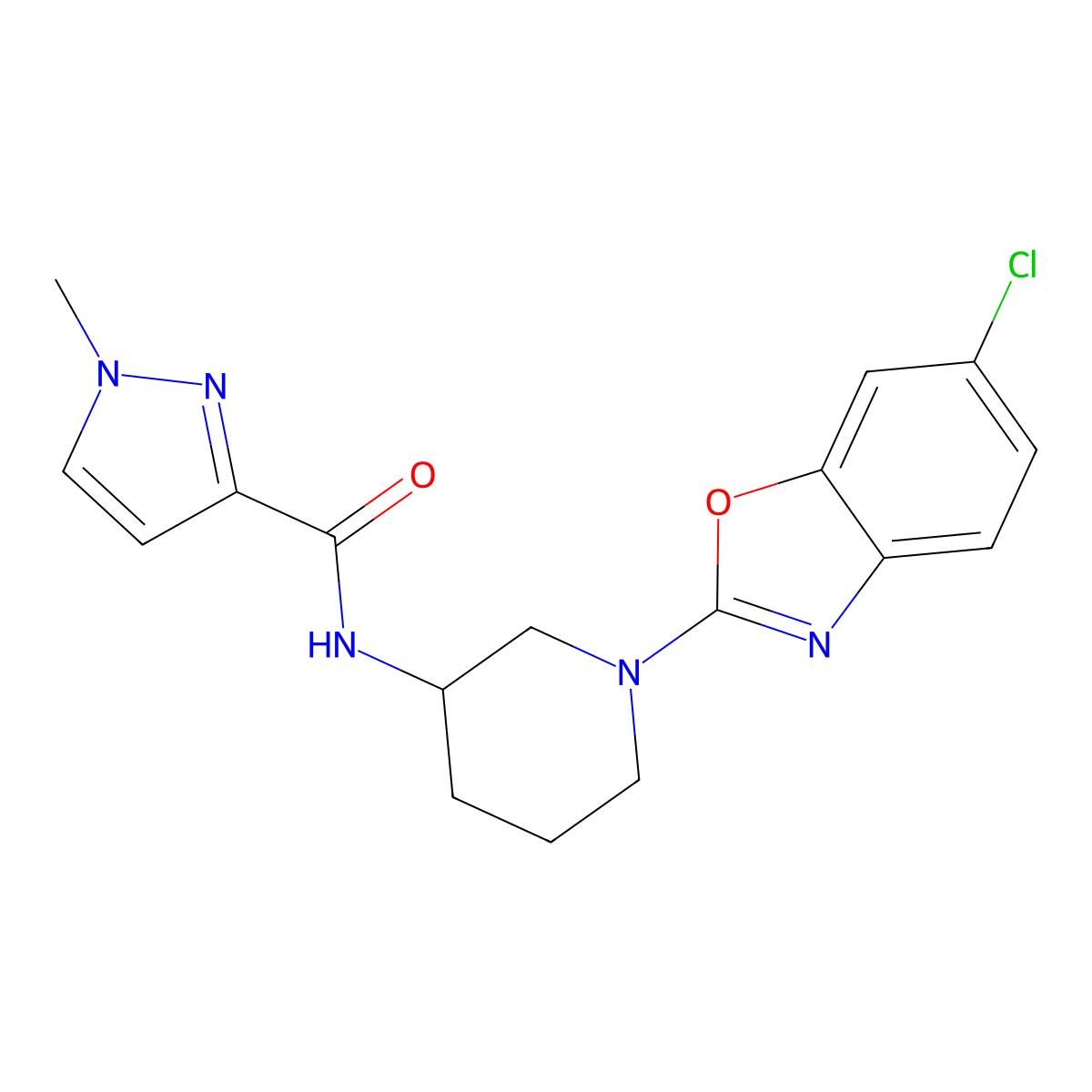 N-[1-(6-chloro-1,3-benzoxazol-2-yl)piperidin-3-yl]-1-methyl-1H-pyrazole-3-carboxamide molecular structure, CAS 3054595-76-2